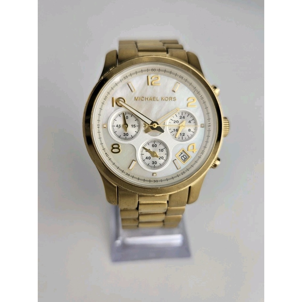 MICHAEL KORS Runway MK-5305 Womens Watch Mother of Pearl Quartz Analog Gold Band